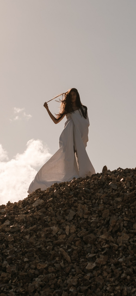 Aesthetic Aerial Landscape Wallpaper - Woman in White Dress, Vintage Style