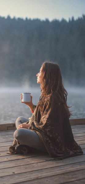 Woman Sipping Coffee on Dock Wallpaper – Aesthetic, 4K, iPhone, Desktop