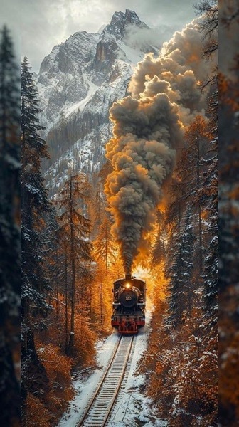 Realistic Train Journey Through the Snowy Mountains 4K Wallpaper – Aesthetic Winter Scene
